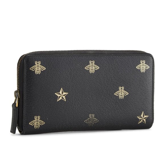Gucci Black Leather Large Long Wallet Zip Around Gold Oro Bee Star Italy NEW - Picture 14 of 16